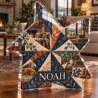 Artwork visualization: Quilt block print effect — living room focal point, personalized NOAH, subject-shaped acrylic with printed optical 3D depth; not carved relief.