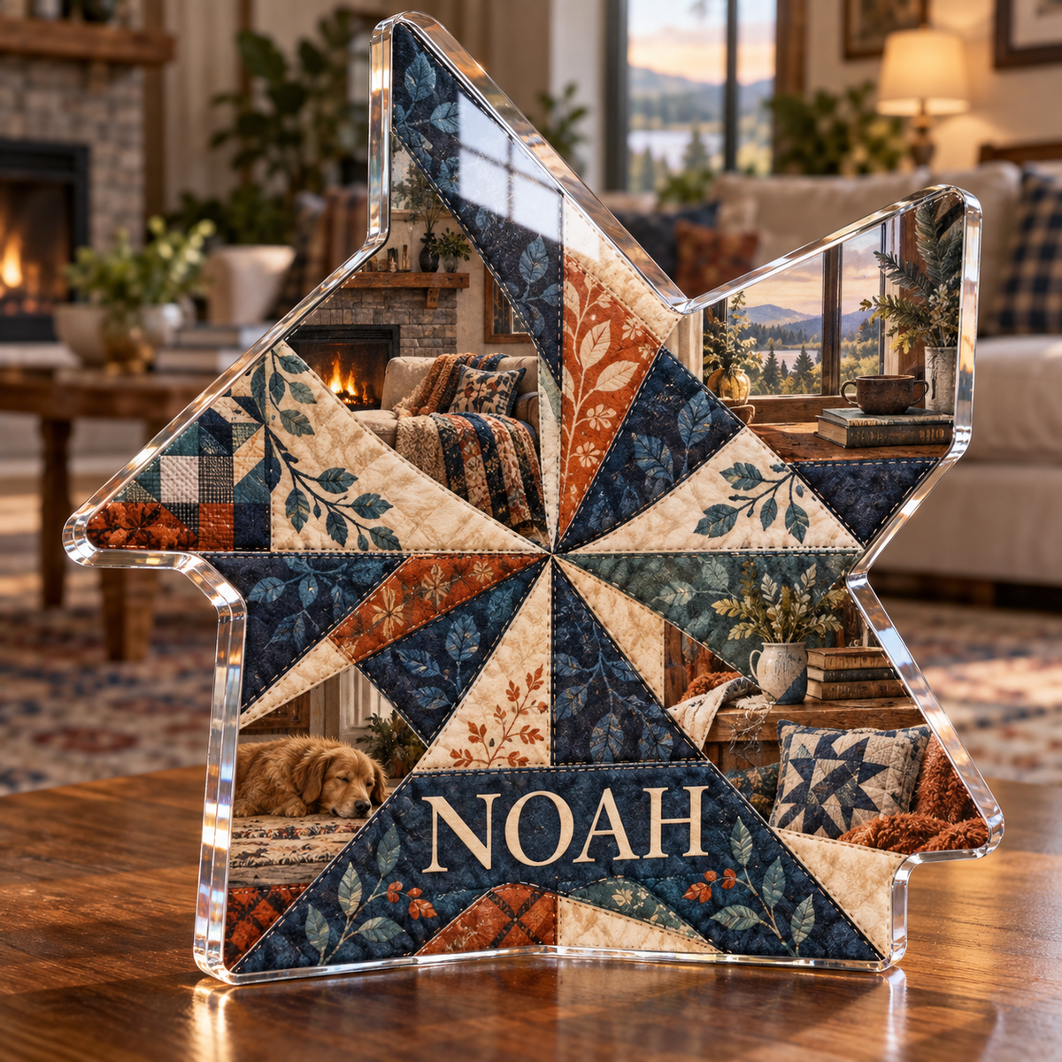Artwork visualization: Quilt block print effect — living room focal point, personalized NOAH, subject-shaped acrylic with printed optical 3D depth; not carved relief.