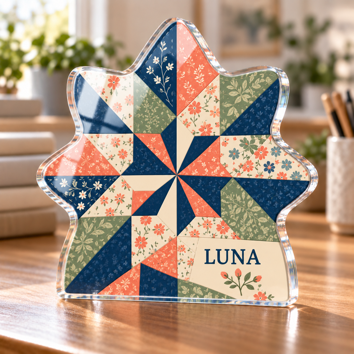 Artwork visualization: Quilt block print effect — home office backdrop, personalized LUNA, subject-shaped acrylic with printed optical 3D depth; not carved relief.