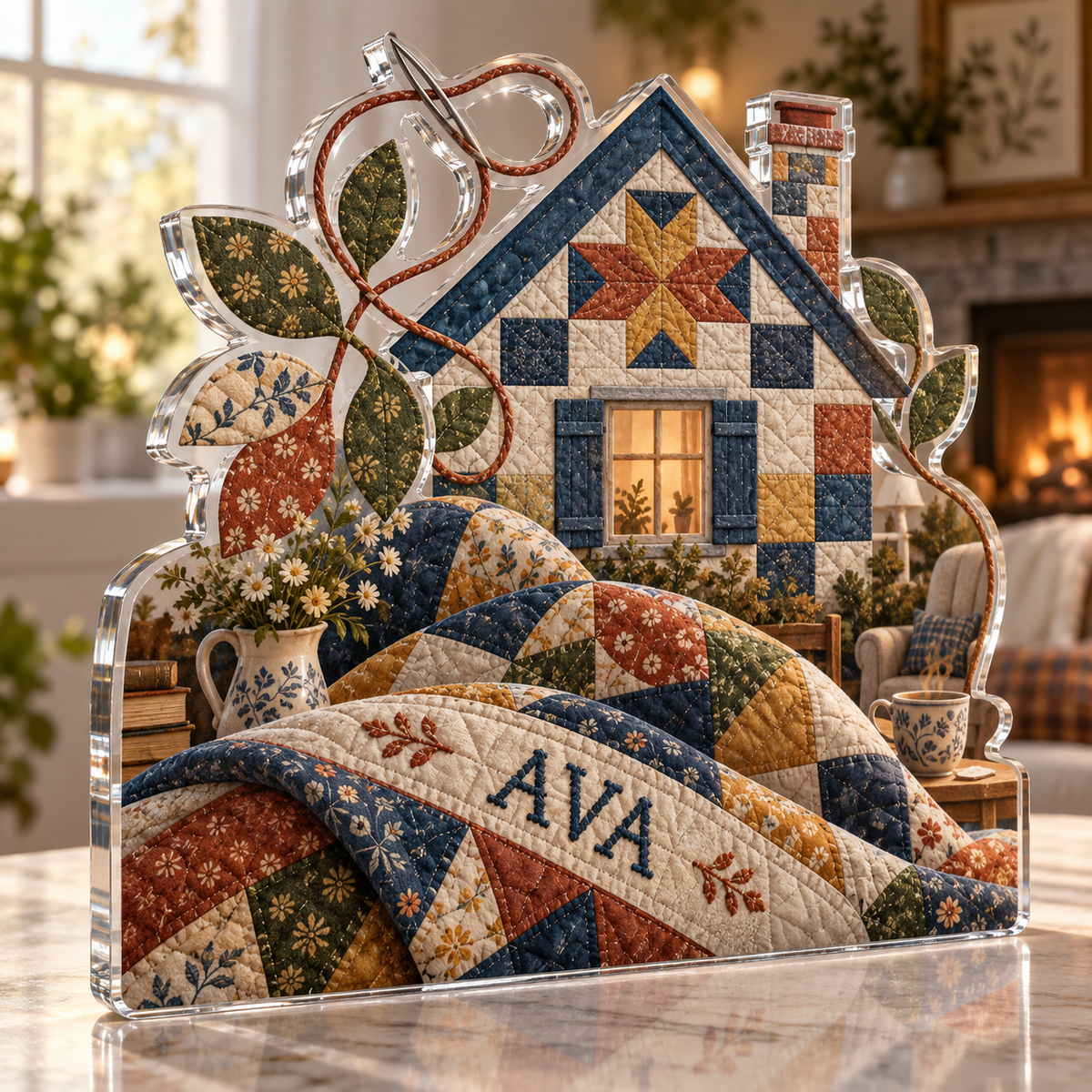 Artwork visualization: Quilt block print effect — personalized housewarming, personalized AVA, subject-shaped acrylic with printed optical 3D depth; not carved relief.