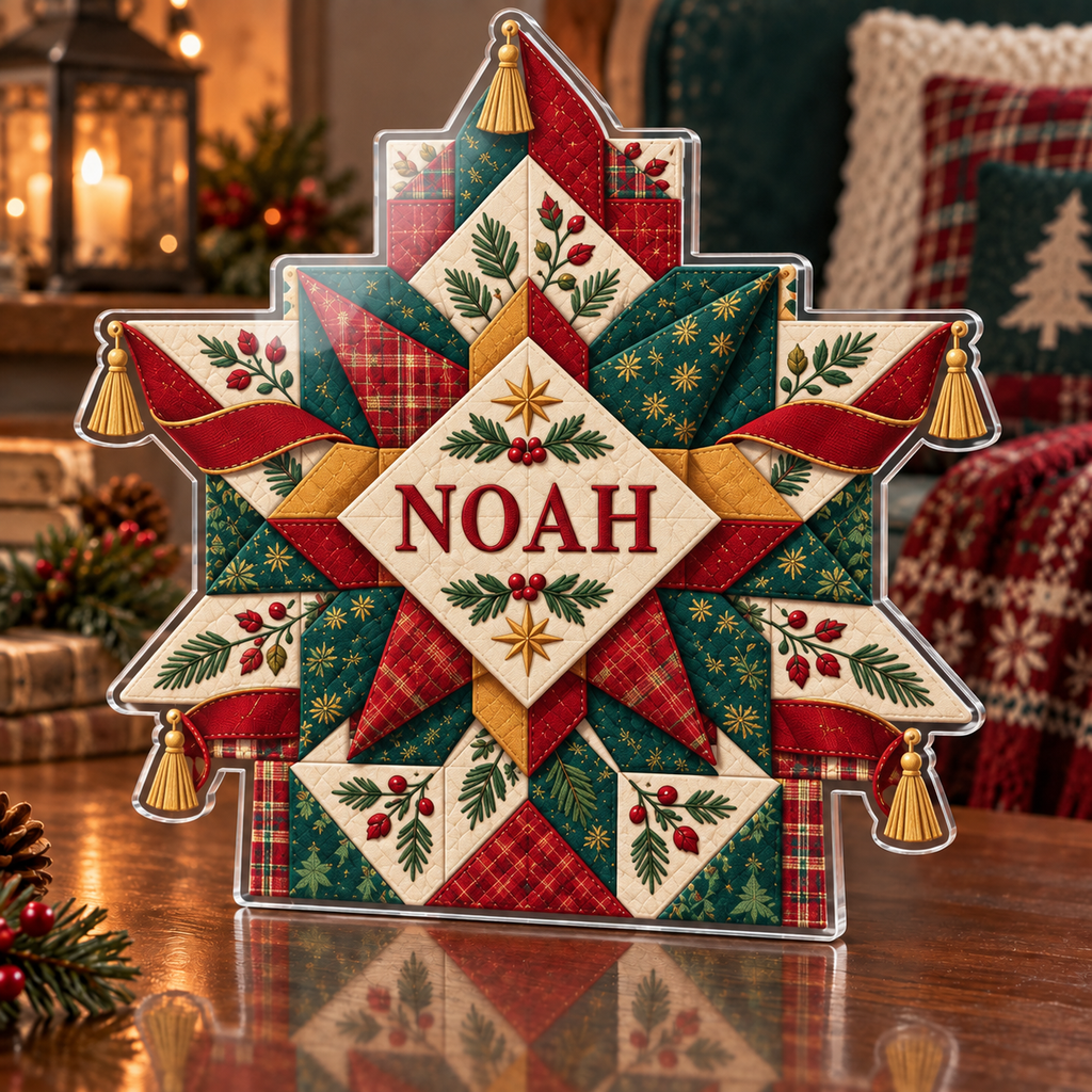 Artwork visualization: Quilt block print effect — quiet corner decoration, personalized NOAH, subject-shaped acrylic with printed optical 3D depth; not carved relief.