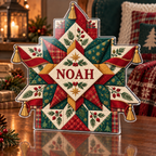 Artwork visualization: Quilt block print effect — quiet corner decoration, personalized NOAH, subject-shaped acrylic with printed optical 3D depth; not carved relief.