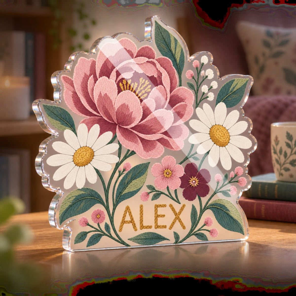 Personalized Faux Embroidery Florals Reading Nook Decor custom shape acrylic plaque with an example name set into the artwork, digital preview