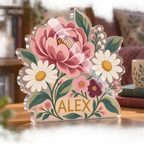 Artwork visualization: Faux embroidery florals — reading nook decor, personalized ALEX, subject-shaped acrylic with printed optical 3D depth; not carved relief.