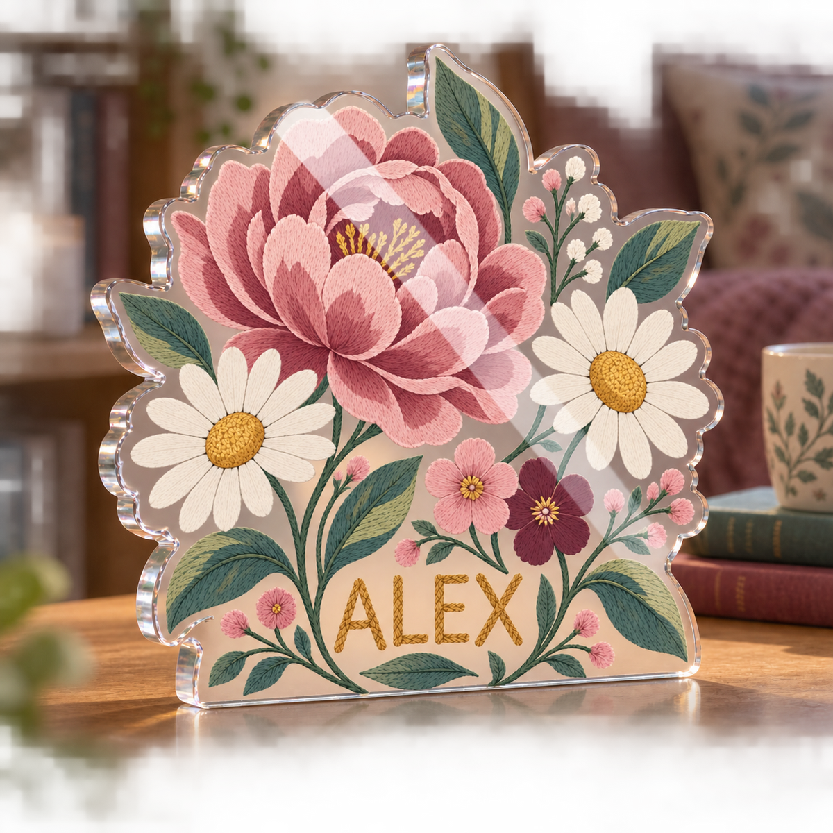 Artwork visualization: Faux embroidery florals — reading nook decor, personalized ALEX, subject-shaped acrylic with printed optical 3D depth; not carved relief.