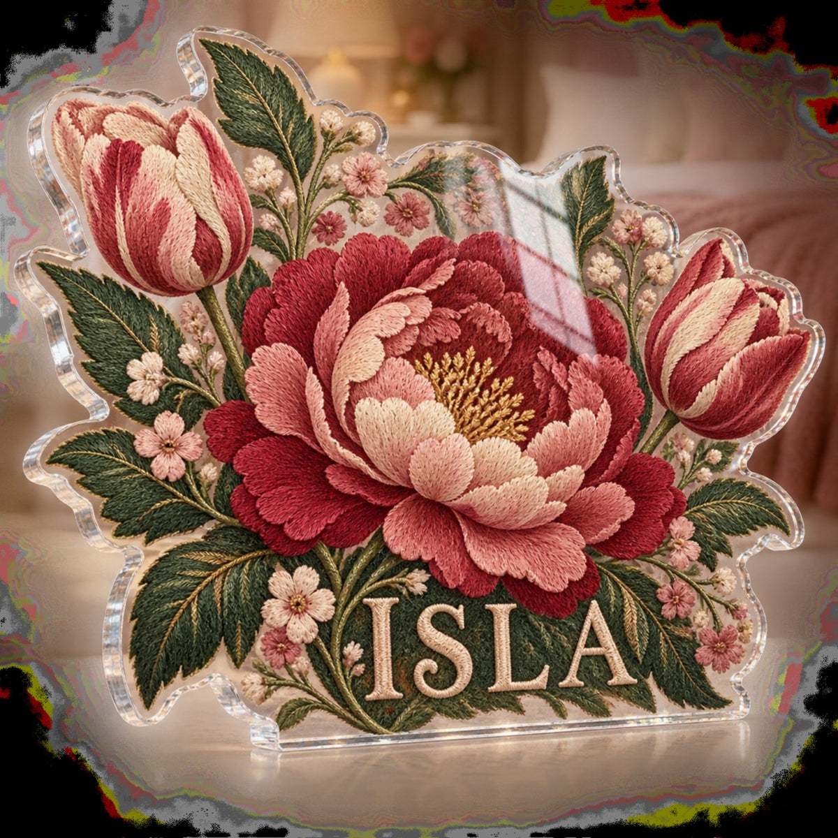 Personalized Faux Embroidery Florals Bedroom Statement Decor custom shape acrylic plaque with an example name set into the artwork, digital preview