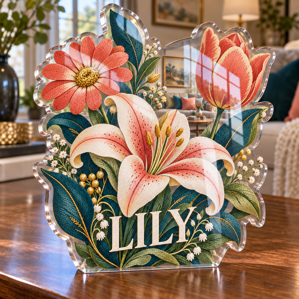 Artwork visualization: Faux embroidery florals — living room focal point, personalized LILY, subject-shaped acrylic with printed optical 3D depth; not carved relief.
