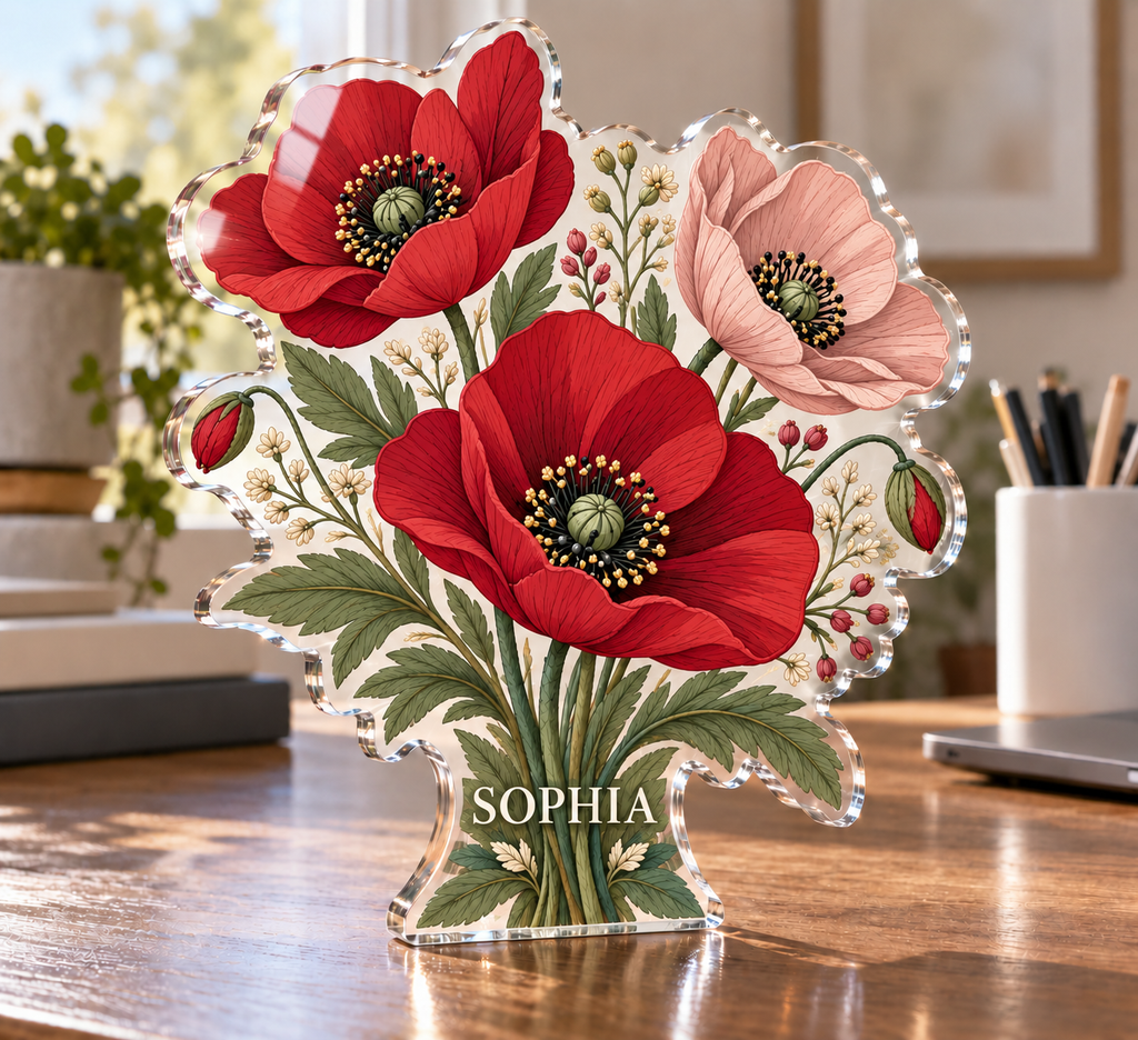 Artwork visualization: Faux embroidery florals — home office backdrop, personalized SOPHIA, subject-shaped acrylic with printed optical 3D depth; not carved relief.