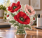 Artwork visualization: Faux embroidery florals — home office backdrop, personalized SOPHIA, subject-shaped acrylic with printed optical 3D depth; not carved relief.