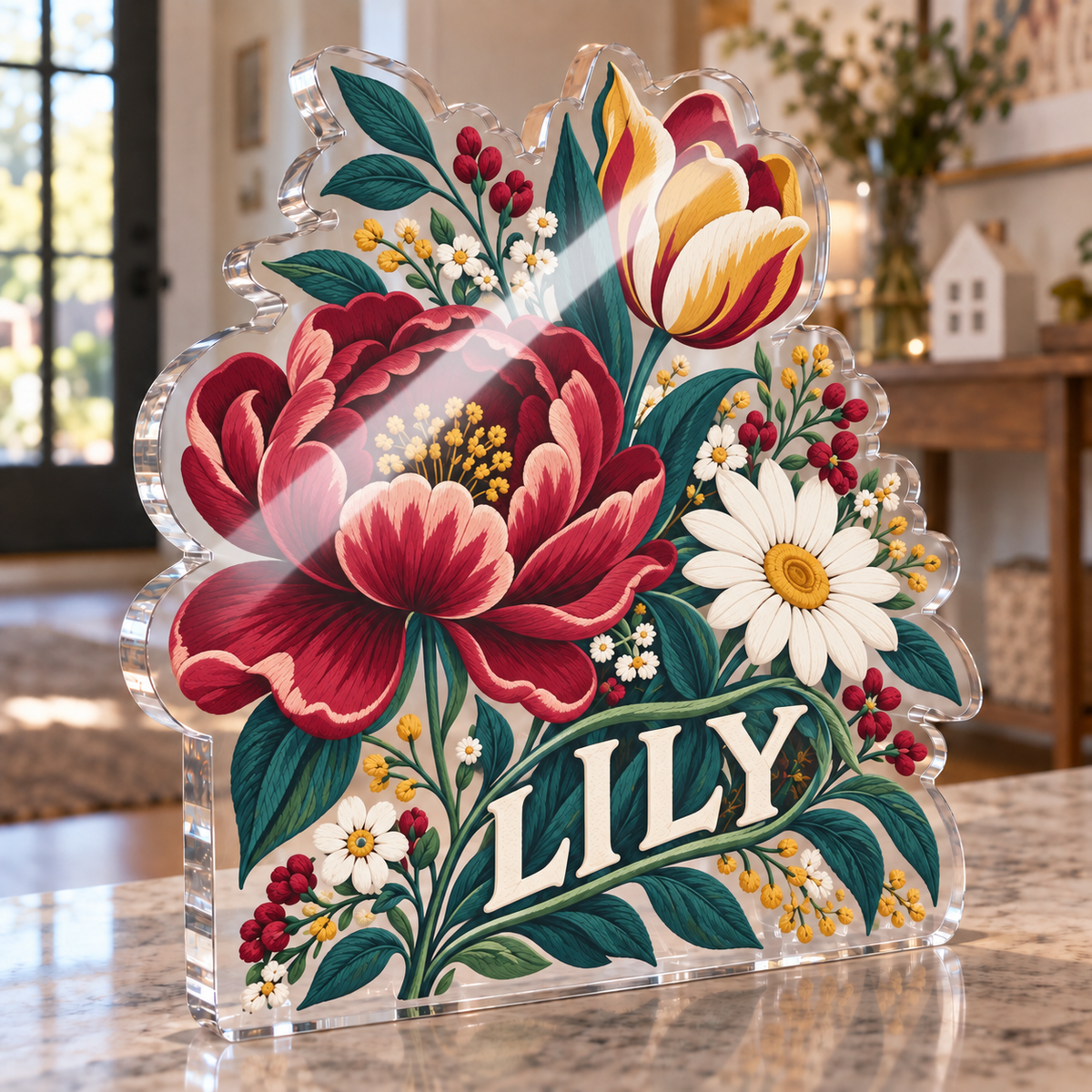 Artwork visualization: Faux embroidery florals — personalized housewarming, personalized LILY, subject-shaped acrylic with printed optical 3D depth; not carved relief.