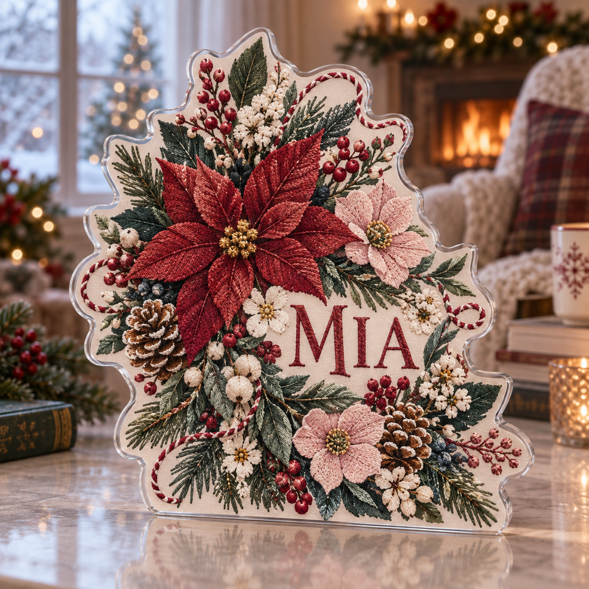 Artwork visualization: Faux embroidery florals — quiet corner decoration, personalized MIA, subject-shaped acrylic with printed optical 3D depth; not carved relief.