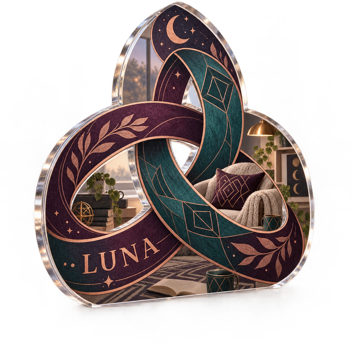 Artwork visualization: Geometric knot loops — reading nook decor, personalized LUNA, subject-shaped acrylic with printed optical 3D depth; not carved relief.