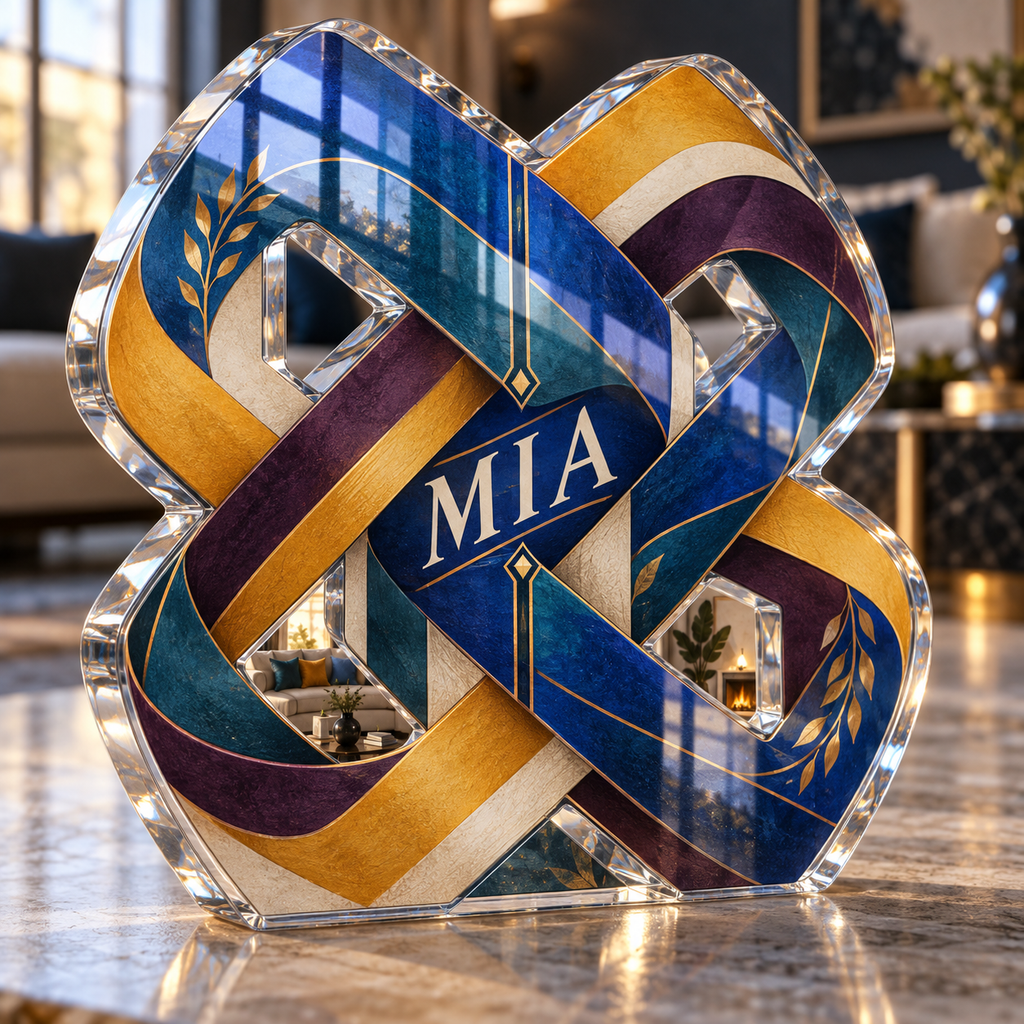 Artwork visualization: Geometric knot loops — living room focal point, personalized MIA, subject-shaped acrylic with printed optical 3D depth; not carved relief.