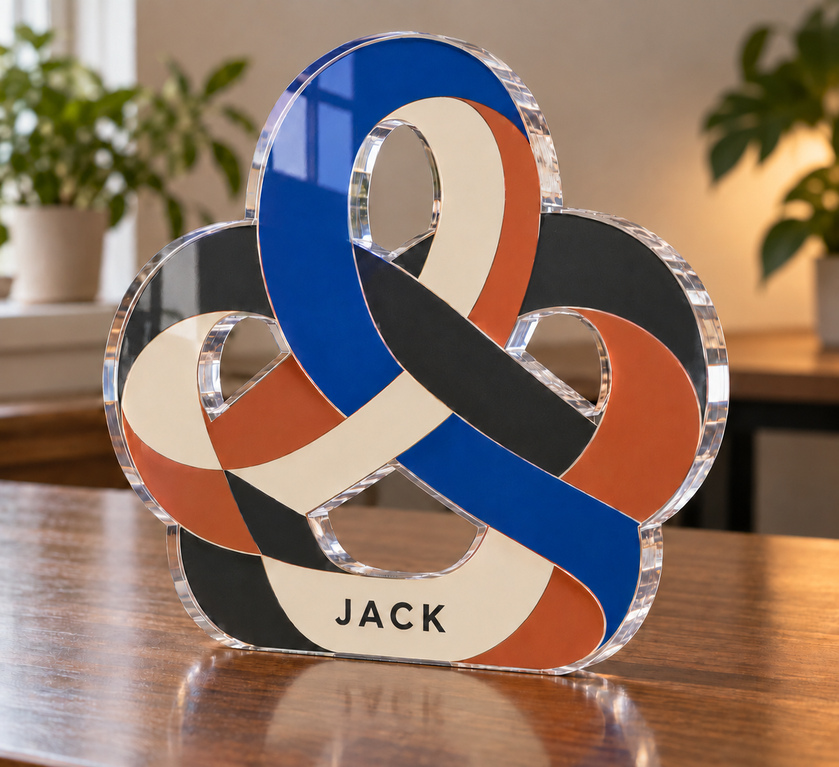 Artwork visualization: Geometric knot loops — home office backdrop, personalized JACK, subject-shaped acrylic with printed optical 3D depth; not carved relief.