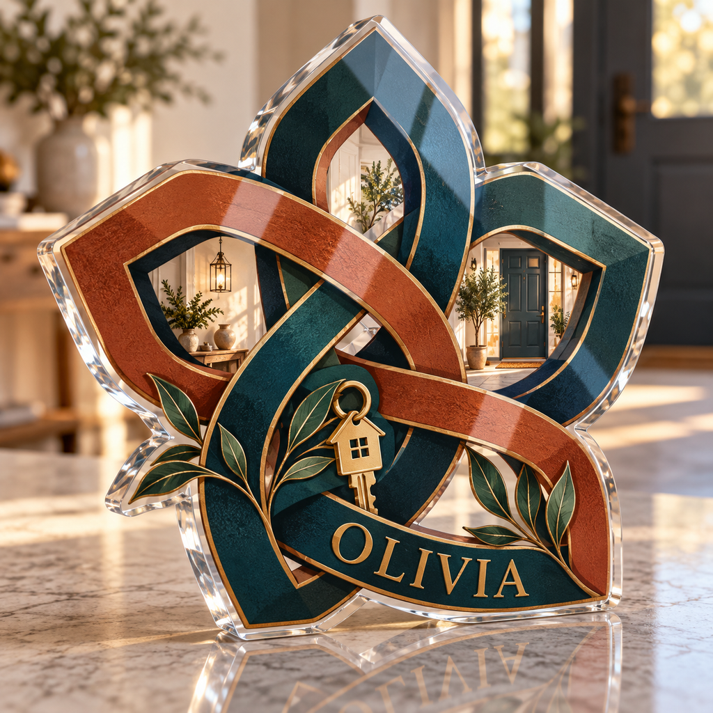 Artwork visualization: Geometric knot loops — personalized housewarming, personalized OLIVIA, subject-shaped acrylic with printed optical 3D depth; not carved relief.