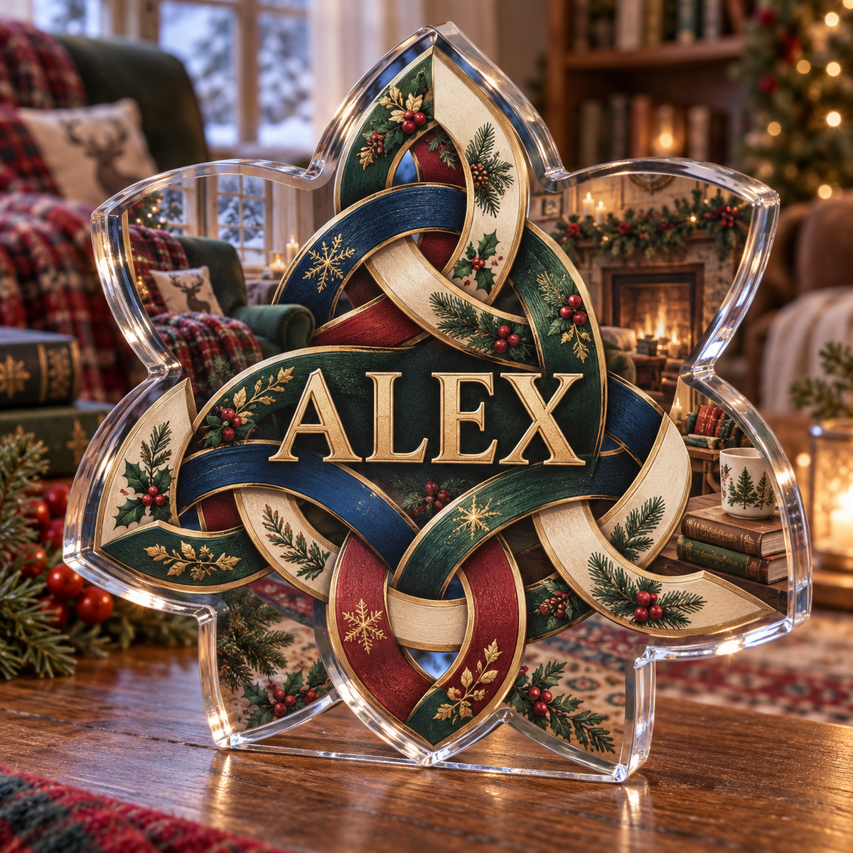 Artwork visualization: Geometric knot loops — quiet corner decoration, personalized ALEX, subject-shaped acrylic with printed optical 3D depth; not carved relief.