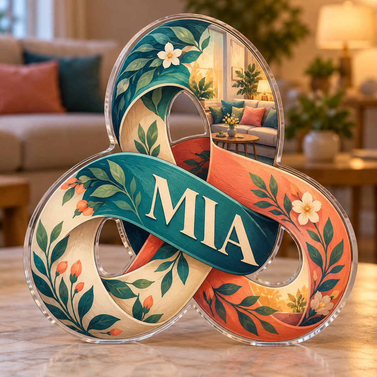 Personalized acrylic plaque with an example name set into the artwork, digital preview