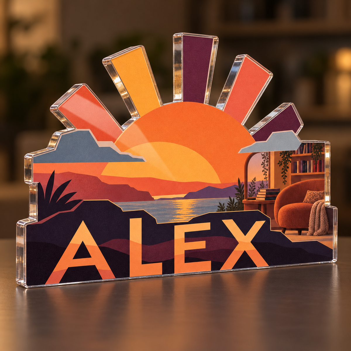 Artwork visualization: Sunset color blocks — reading nook decor, personalized ALEX, subject-shaped acrylic with printed optical 3D depth; not carved relief.