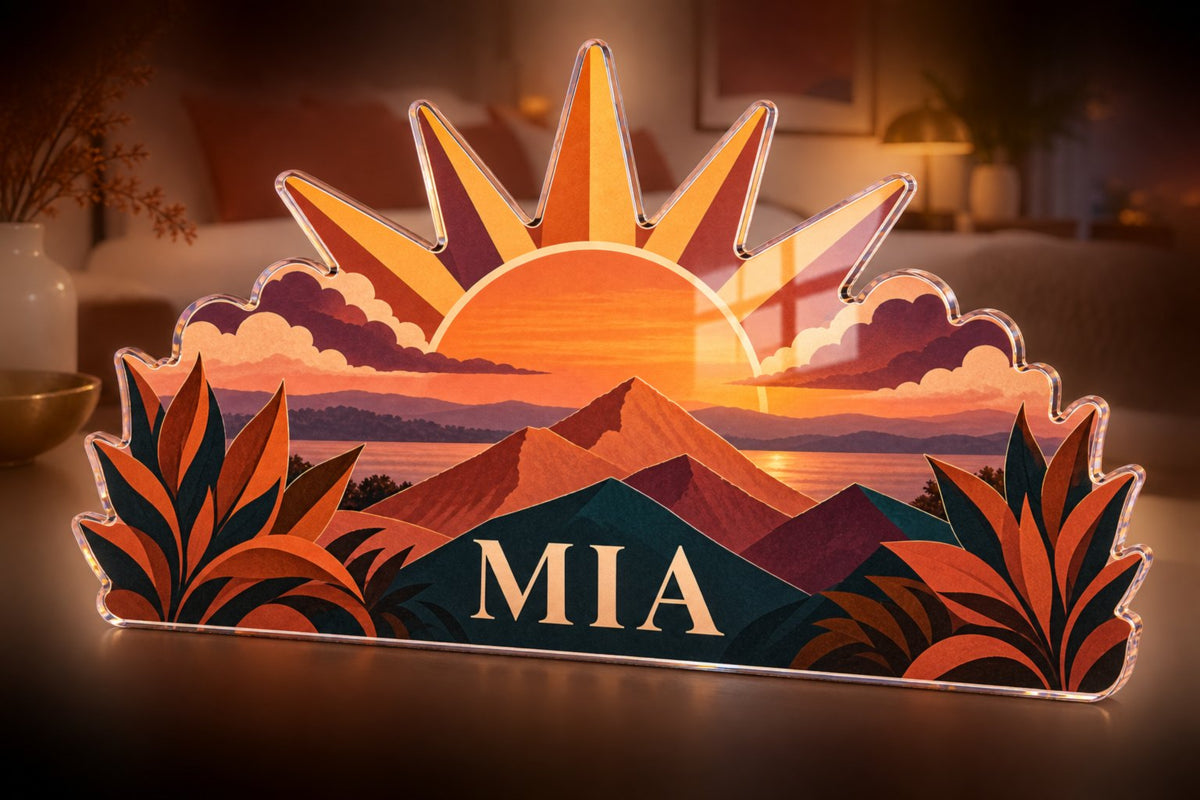 Personalized Sunset Color Blocks Bedroom Statement Decor custom shape acrylic plaque with an example name set into the artwork, digital preview