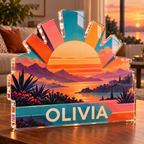 Artwork visualization: Sunset color blocks — living room focal point, personalized OLIVIA, subject-shaped acrylic with printed optical 3D depth; not carved relief.