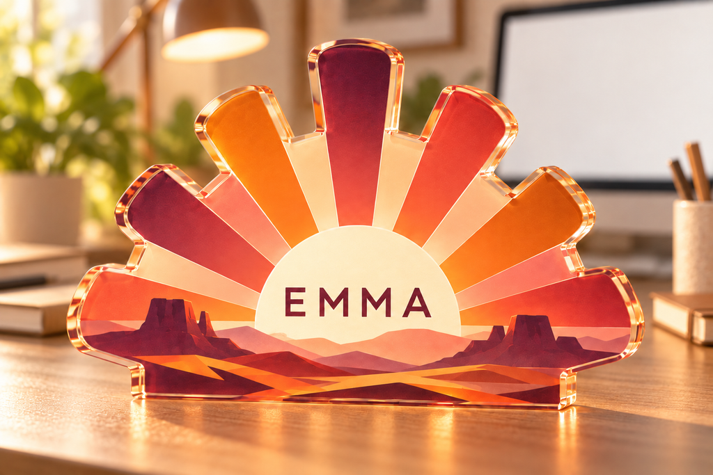 Artwork visualization: Sunset color blocks — home office backdrop, personalized EMMA, subject-shaped acrylic with printed optical 3D depth; not carved relief.