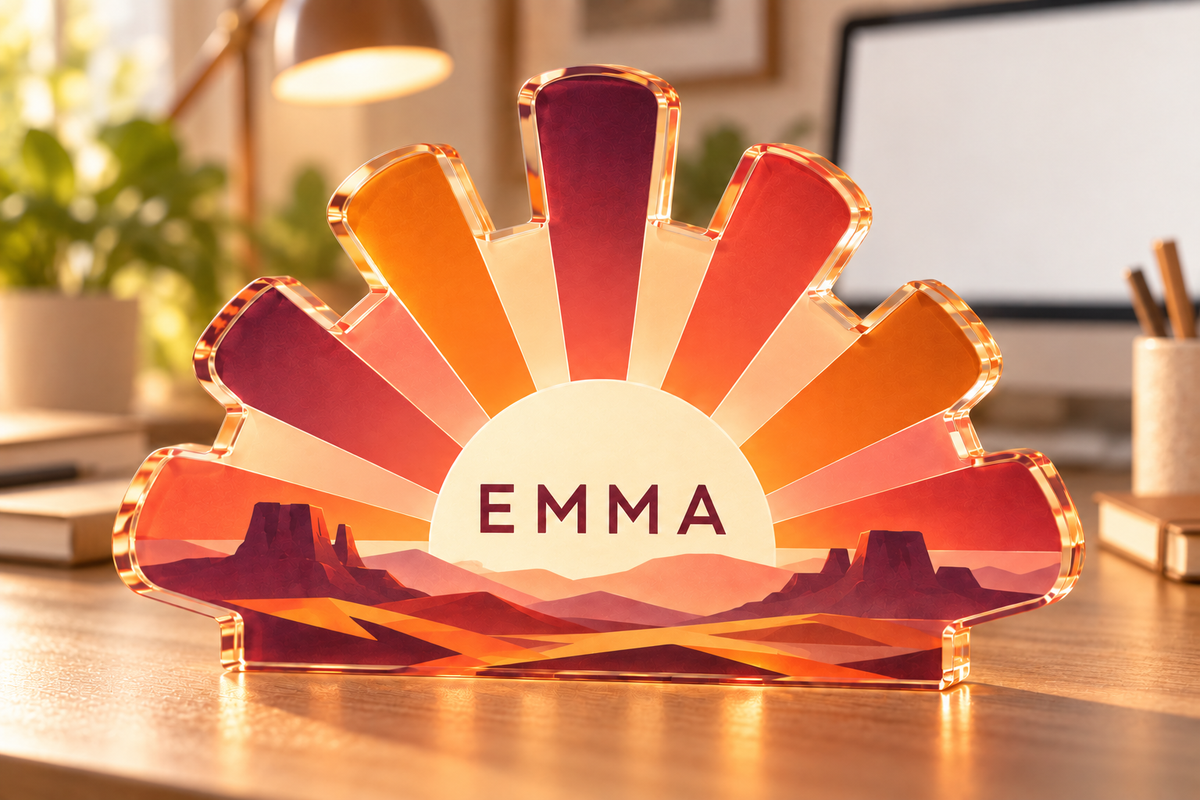 Artwork visualization: Sunset color blocks — home office backdrop, personalized EMMA, subject-shaped acrylic with printed optical 3D depth; not carved relief.