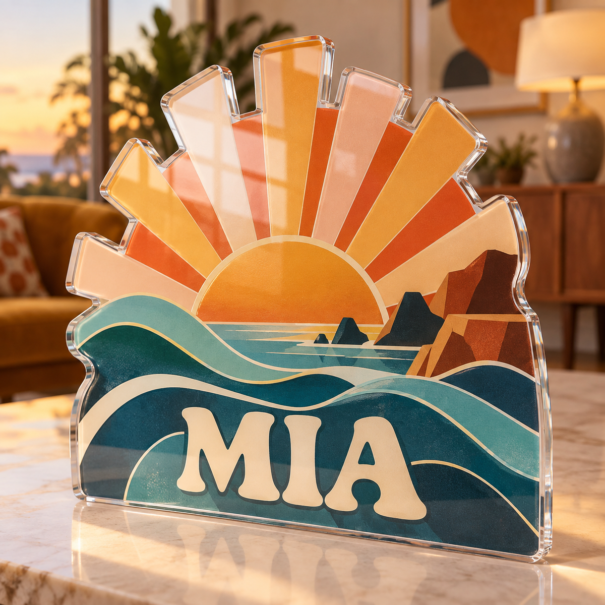 Artwork visualization: Sunset color blocks — personalized housewarming, personalized MIA, subject-shaped acrylic with printed optical 3D depth; not carved relief.