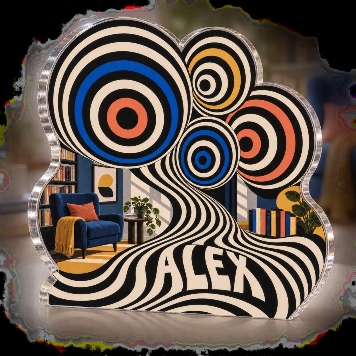 Personalized Op Art Concentric Circles Reading Nook Decor custom shape acrylic plaque with an example name set into the artwork, digital preview