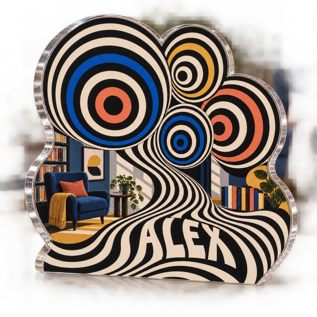 Artwork visualization: Op art concentric circles — reading nook decor, personalized ALEX, subject-shaped acrylic with printed optical 3D depth; not carved relief.