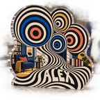 Artwork visualization: Op art concentric circles — reading nook decor, personalized ALEX, subject-shaped acrylic with printed optical 3D depth; not carved relief.