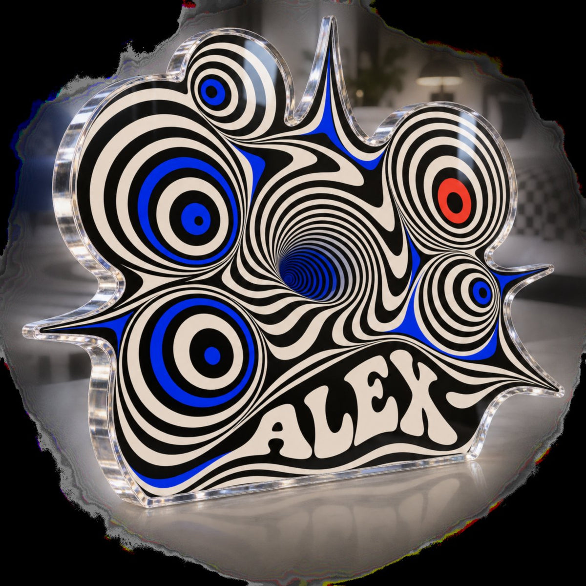 Personalized Op Art Concentric Circles Bedroom Statement Decor custom shape acrylic plaque with an example name set into the artwork, digital preview