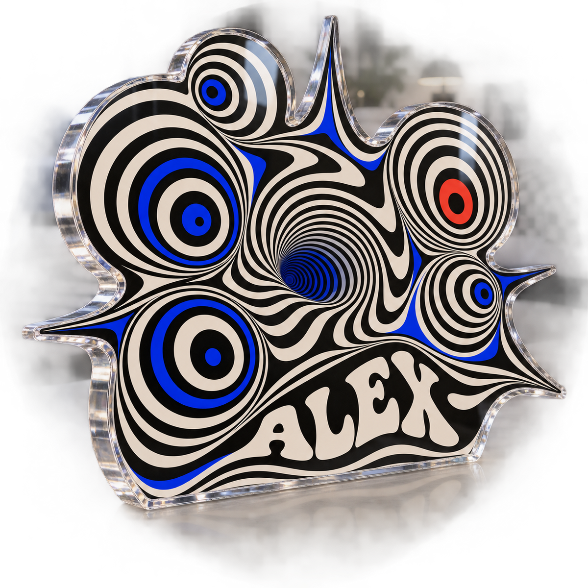 Artwork visualization: Op art concentric circles — bedroom statement decor, personalized ALEX, subject-shaped acrylic with printed optical 3D depth; not carved relief.
