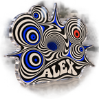 Artwork visualization: Op art concentric circles — bedroom statement decor, personalized ALEX, subject-shaped acrylic with printed optical 3D depth; not carved relief.