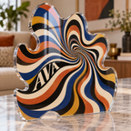 Artwork visualization: Op art concentric circles — personalized housewarming, personalized AVA, subject-shaped acrylic with printed optical 3D depth; not carved relief.