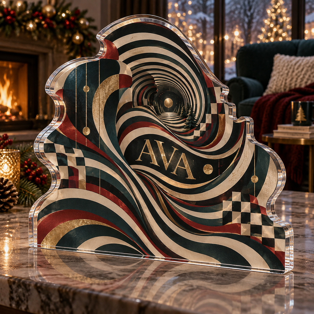 Artwork visualization: Op art concentric circles — quiet corner decoration, personalized AVA, subject-shaped acrylic with printed optical 3D depth; not carved relief.