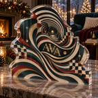 Artwork visualization: Op art concentric circles — quiet corner decoration, personalized AVA, subject-shaped acrylic with printed optical 3D depth; not carved relief.