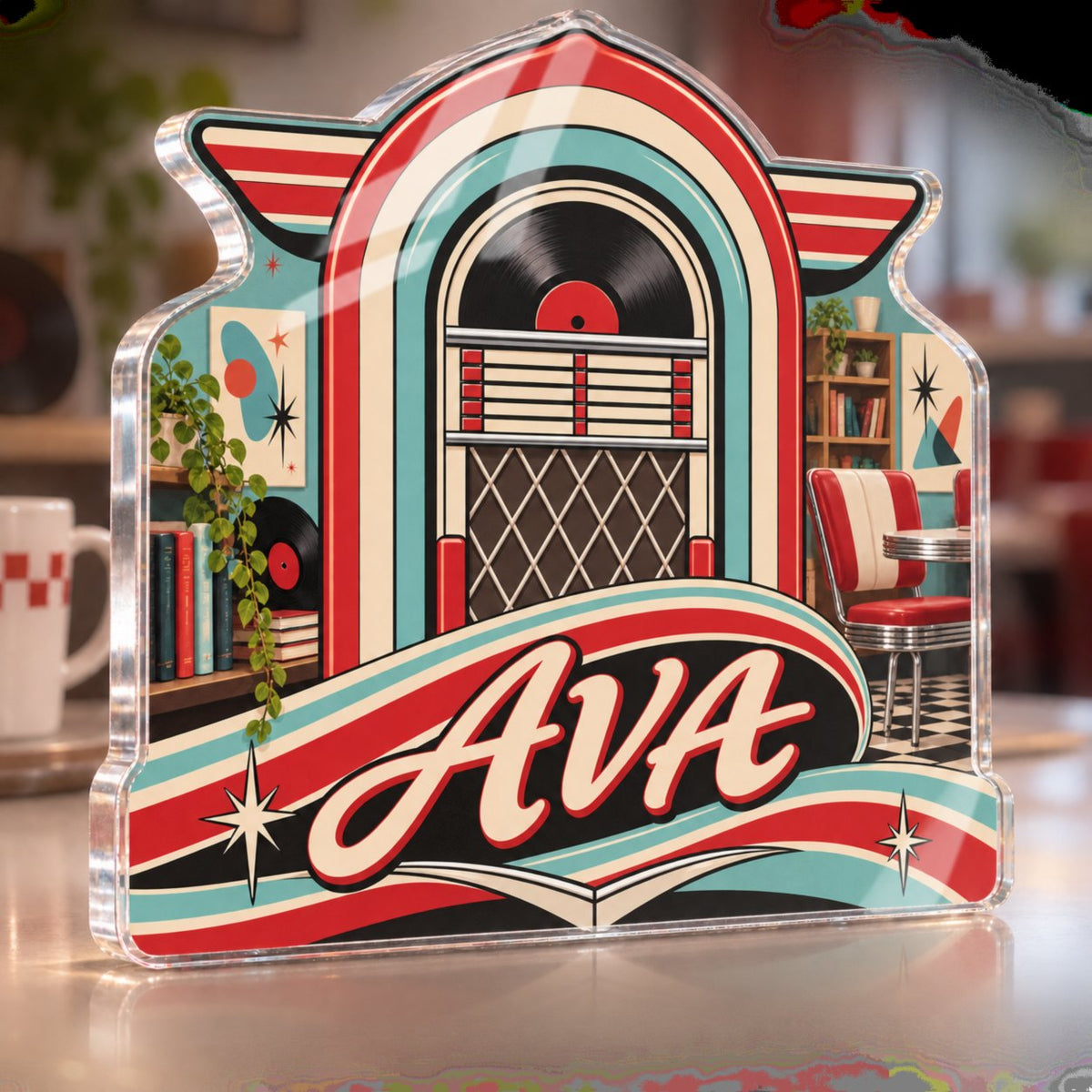 Personalized Retro Diner Stripes Reading Nook Decor custom shape acrylic plaque with an example name set into the artwork, digital preview