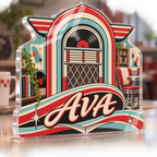 Artwork visualization: Retro diner stripes — reading nook decor, personalized AVA, subject-shaped acrylic with printed optical 3D depth; not carved relief.