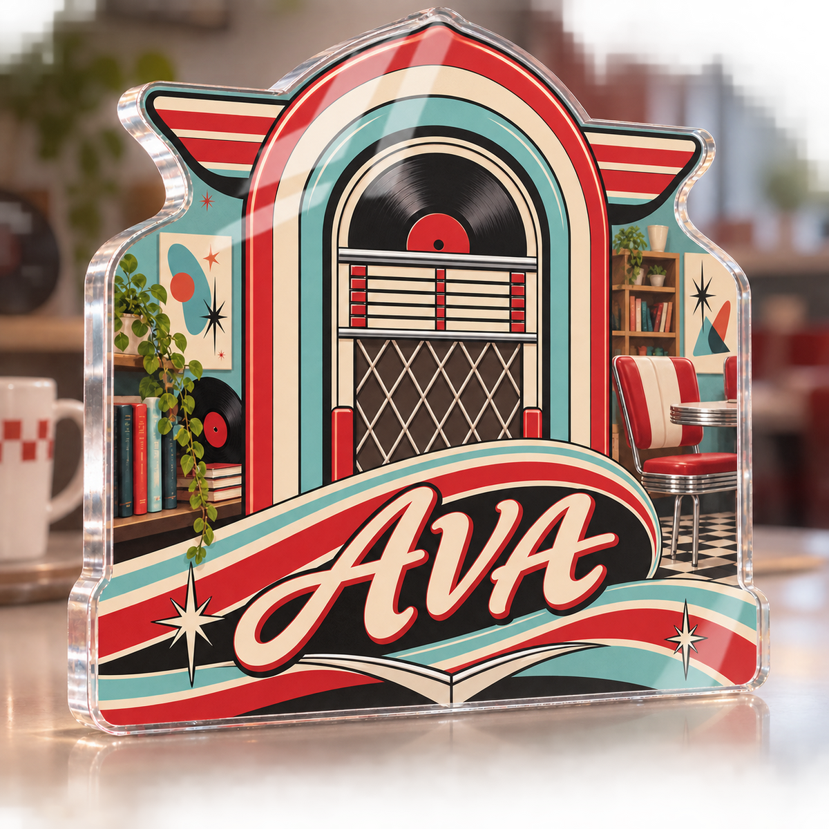 Artwork visualization: Retro diner stripes — reading nook decor, personalized AVA, subject-shaped acrylic with printed optical 3D depth; not carved relief.