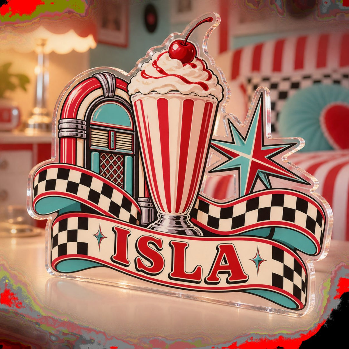 Personalized Retro Diner Stripes Bedroom Statement Decor custom shape acrylic plaque with an example name set into the artwork, digital preview