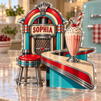 Artwork visualization: Retro diner stripes — personalized housewarming, personalized SOPHIA, subject-shaped acrylic with printed optical 3D depth; not carved relief.