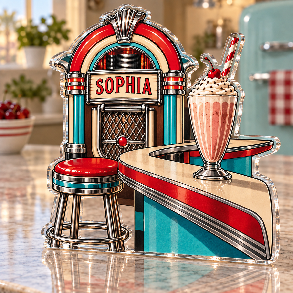 Artwork visualization: Retro diner stripes — personalized housewarming, personalized SOPHIA, subject-shaped acrylic with printed optical 3D depth; not carved relief.