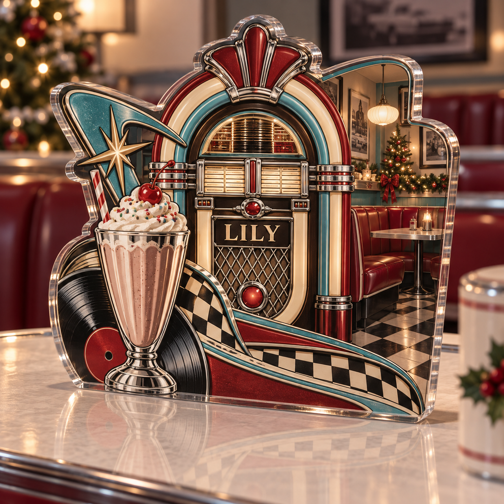 Artwork visualization: Retro diner stripes — quiet corner decoration, personalized LILY, subject-shaped acrylic with printed optical 3D depth; not carved relief.