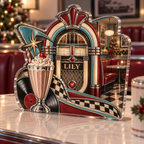 Artwork visualization: Retro diner stripes — quiet corner decoration, personalized LILY, subject-shaped acrylic with printed optical 3D depth; not carved relief.