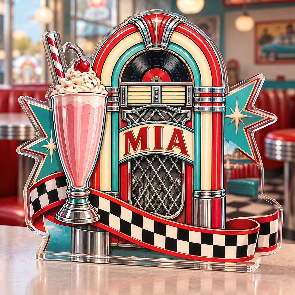 Artwork visualization: Retro diner stripes — collector birthday keepsake, personalized MIA, subject-shaped acrylic with printed optical 3D depth; not carved relief.