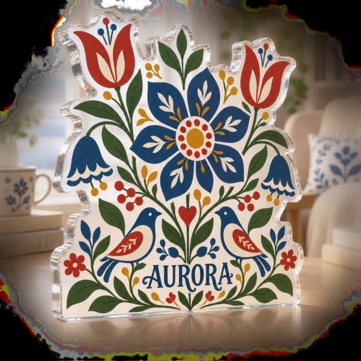 Personalized Scandinavian Folk Florals Reading Nook Decor custom shape acrylic plaque with an example name set into the artwork, digital preview