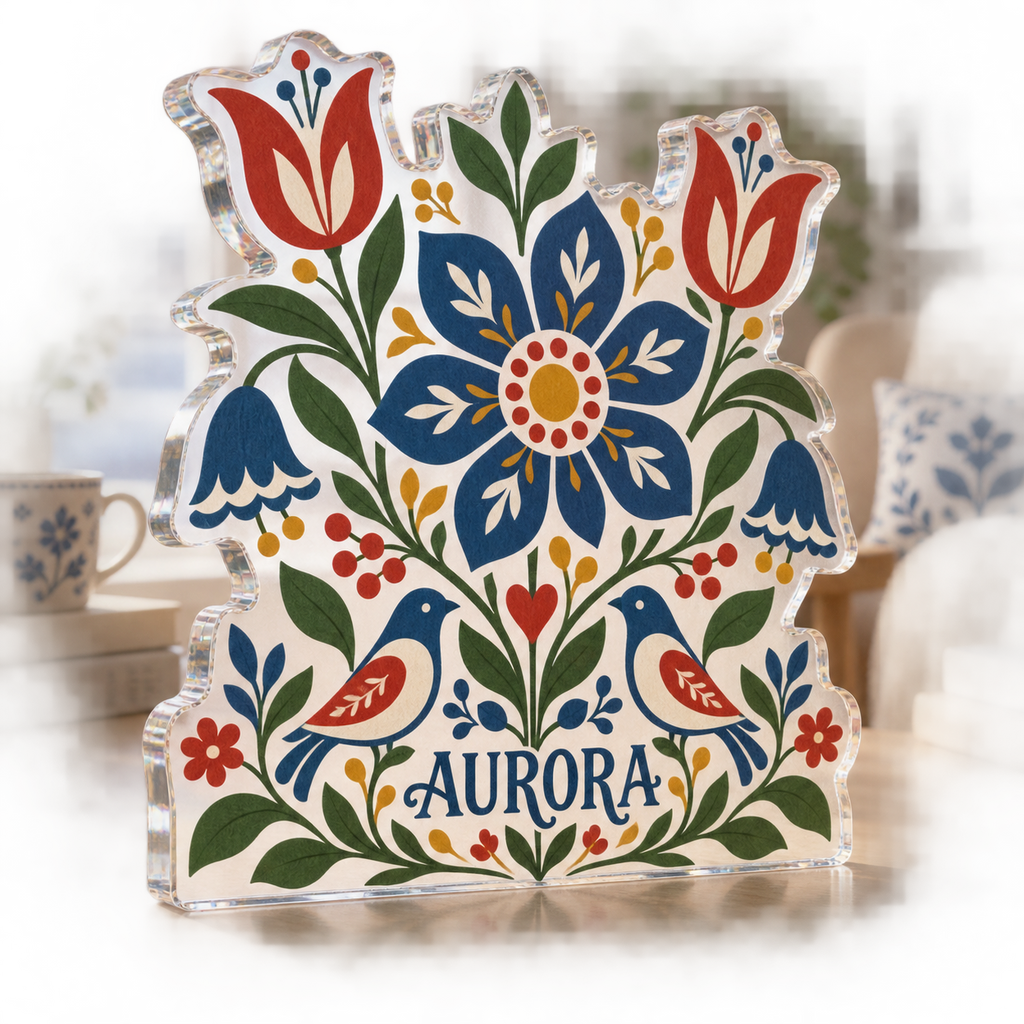 Artwork visualization: Scandinavian folk florals — reading nook decor, personalized AURORA, subject-shaped acrylic with printed optical 3D depth; not carved relief.