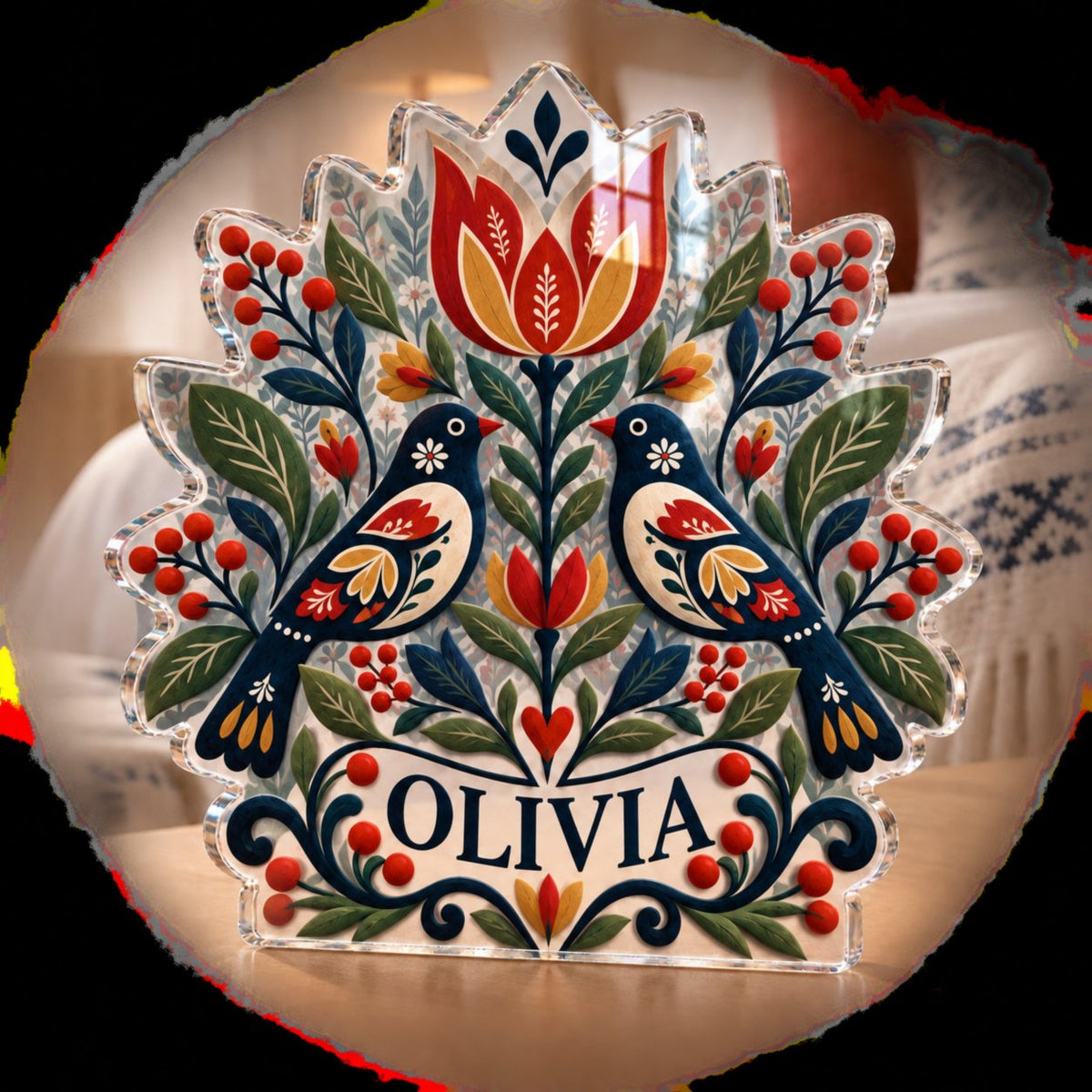 Personalized Scandinavian Folk Florals Bedroom Statement Decor custom shape acrylic plaque with an example name set into the artwork, digital preview