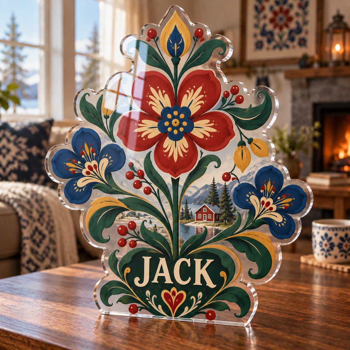 Artwork visualization: Scandinavian folk florals — living room focal point, personalized JACK, subject-shaped acrylic with printed optical 3D depth; not carved relief.