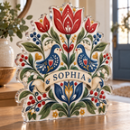 Artwork visualization: Scandinavian folk florals — personalized housewarming, personalized SOPHIA, subject-shaped acrylic with printed optical 3D depth; not carved relief.